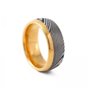 China Hot Sale 8mm Domed Gold Tungsten and Blue Silver Damascus Steel Wedding Band for Men China Supplier manufacturer