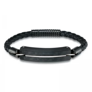 China In Stock Black Carbon Fiber Stainless Steel Men Leather Bracelet Black Carbon Fiber Silver ID Bracelet For Men China Manufacturer manufacturer