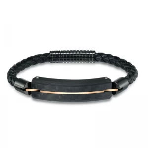 Cina Disponibile Bracciale in pelle da uomo in acciaio inossidabile con fibra di carbonio nero Bracciale da uomo in oro rosa con fibra di carbonio nero Produttore cinese produttore