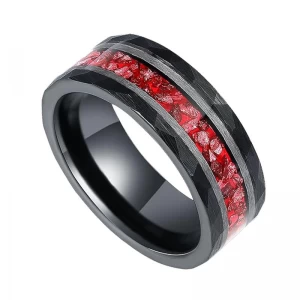 China Großhandel 8mm schwarzer Wolfram -Ehering mit echtem zerkleinertem Rubin - robuste, aber romantische Männerband für Paare China Hersteller Hersteller