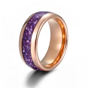 porcelana Baras de boda con tungsteno con cúpula de oro rosa de 8 mm con piedras de vidrio púrpura incrustado proveedor de porcelana fabricante