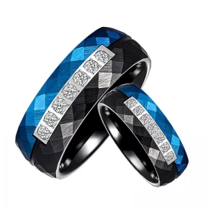 China 2025 New Design Men's Two Toned Faceted Black and Blue Tungsten Carbide Ring with Diamonds China Manufacturer manufacturer