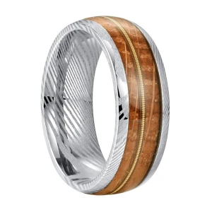 China B2B Wholesale Manufacturer of Classic 8mm Damascus Steel Rings - Men's Wedding Bands with Whiskey Barrel Wood & Guitar String Inlay manufacturer