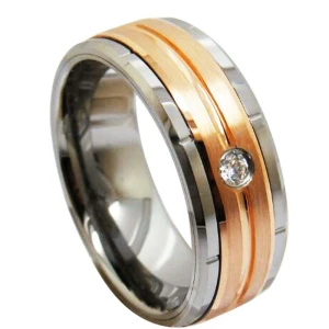 China Premium 8mm Rose Gold Plated Tungsten Carbide Wedding Band with CZ Inlay manufacturer