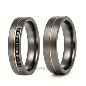 China Factory Direct Matte Tantalum Couple Rings with Rose Gold Inlay & Black Diamond Accents manufacturer