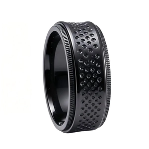 China 8mm Recessed Dot Knurled Edge Black Zirconium Ring Manufacturer | Custom Comfort Fit Mens Zirconium Wedding Band Wholesale Factory manufacturer