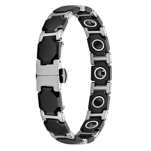China Men Black Zirconia Ceramic 304 Stainless Steel I‑Links Bracelet, 316L Double Push Deployant Clasp, Embedded Magnetic & Germanium Stones Therapy Link Bracelet manufacturer