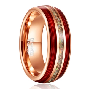 China Fabrikgroßhandel mit 8 mm roségoldenem, galvanisiertem Wolframcarbid-Ring, roter Gitarrensaite und Crushed Opal Inlay mit Musik-Themen-Ehering für Männer, kundenspezifische innere Lasergravur, OEM-ODM-Großlieferung Hersteller