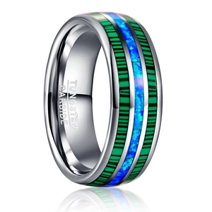 China Fabrikgroßhandel mit 8 mm poliertem Silber-Wolframkarbid-Ring, zentraler Einlage aus zerkleinertem blauem Opal mit synthetischem Malachitstreifen, Herren-Ehering, individuelle innere Lasergravur, OEM-ODM-Großlieferung Hersteller
