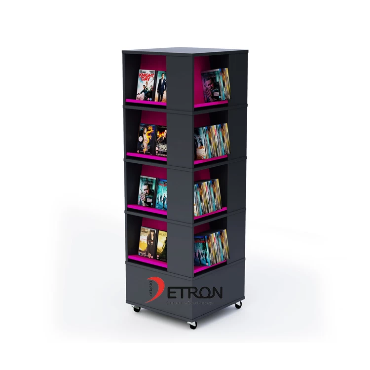 China Customized 4 tiers black wooden bookshop display stand with wheel for book manufacturer