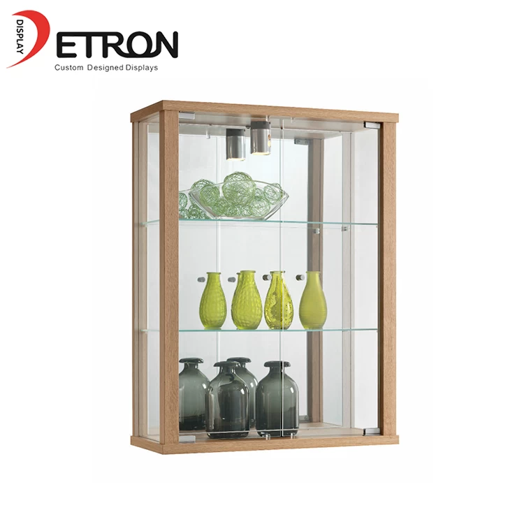 China Customized wooden 3 tiers wall display cabinet with glass doors and light manufacturer