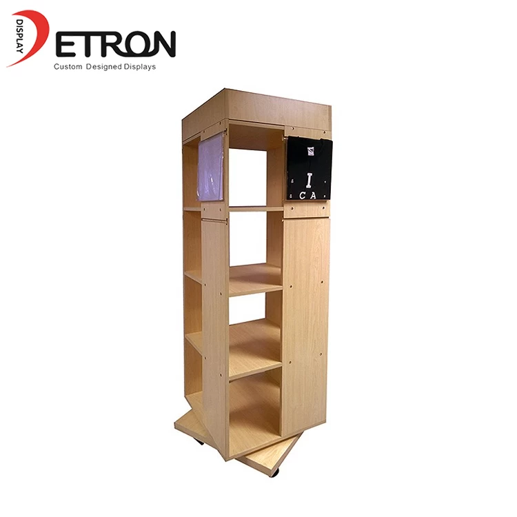 China Durable 4 tiers flooring T-shirt wooden rotating display stand for clothes store manufacturer