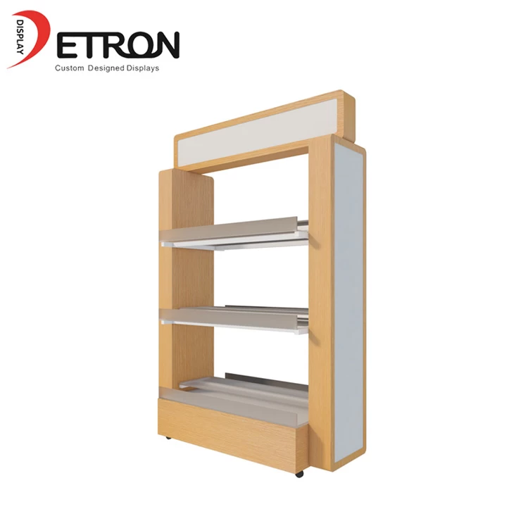 China Factory direct 3 tiers wooden gondola display cabinet with wheel manufacturer