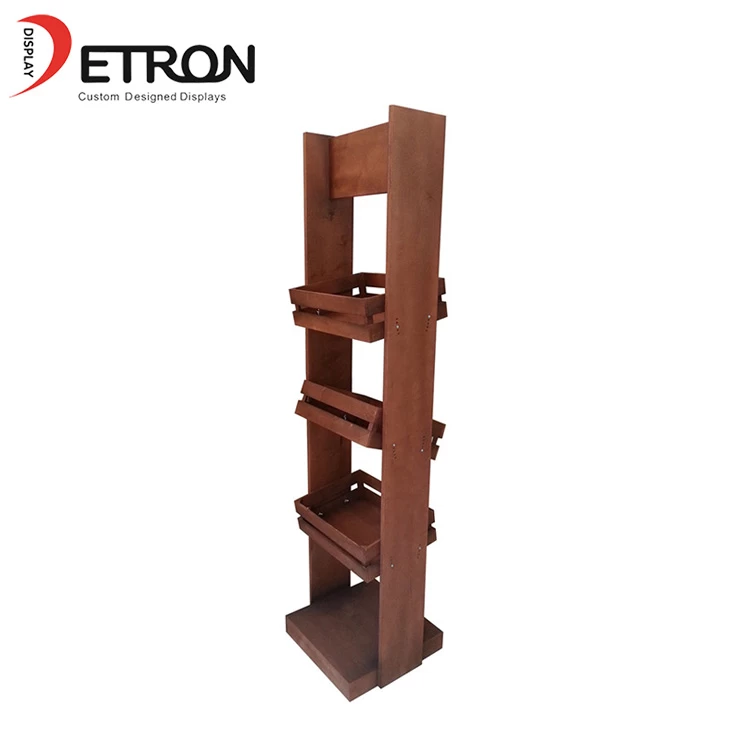 China Retail shop wooden bakery product display shelves with basket manufacturer