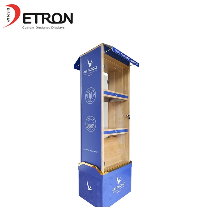 China Retail store OEM/ODM service 3 tiers wooden vodka display cabinet with locked manufacturer