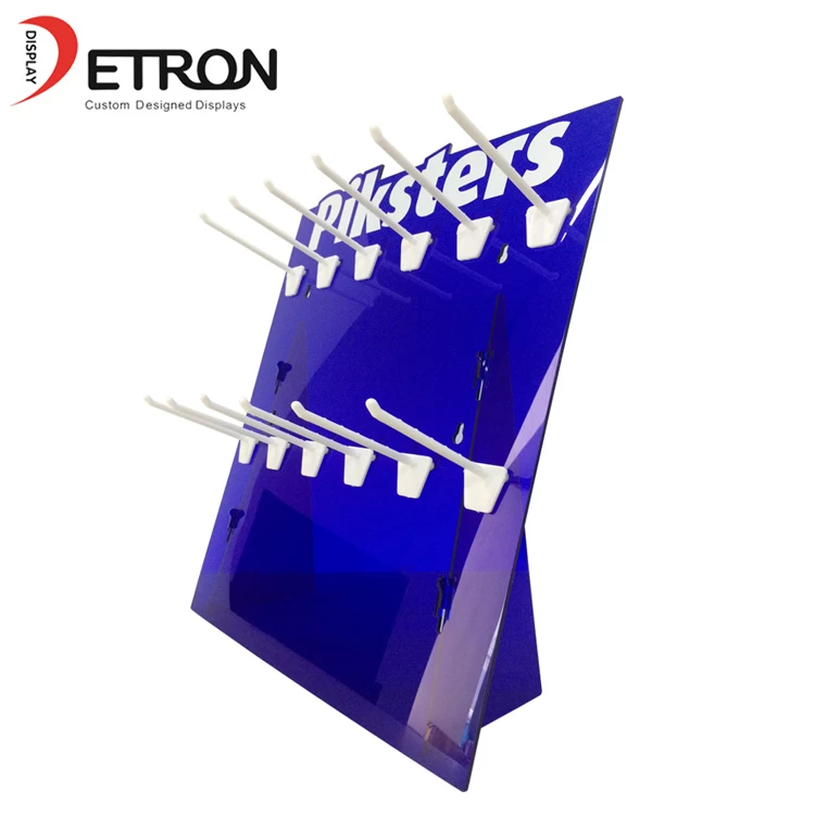 China Screen printing logo blue acrylic tabletop display stand with hook for supermarket manufacturer