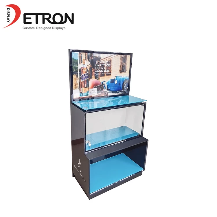 China Screen printing logo wooden whiskey stair display cabinet with locked manufacturer