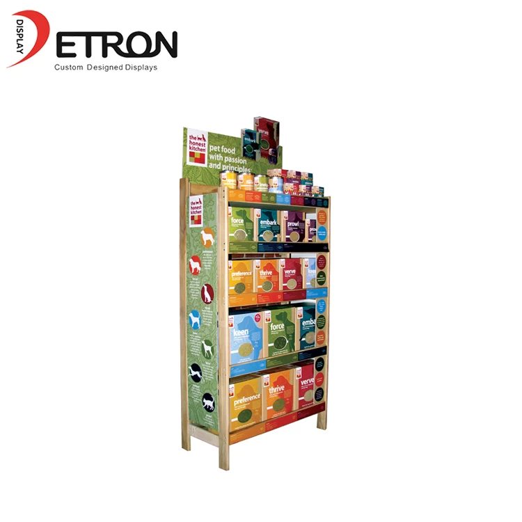 China Supermarket OEM Design wooden retail pet food display shelves for sale manufacturer