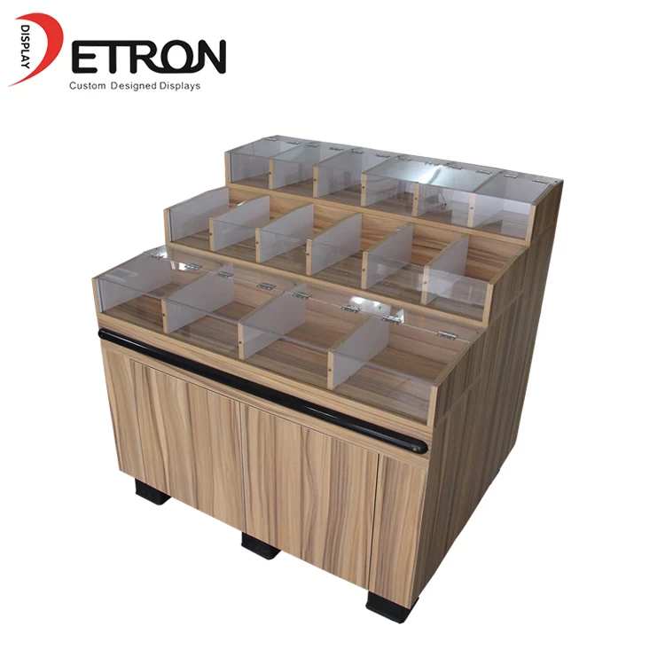 China Supermarket customized 3 tiers wooden candy display shelves manufacturer