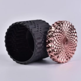 Geo Cut Matte Black Glass Candle Jar With Rose Gold Lids