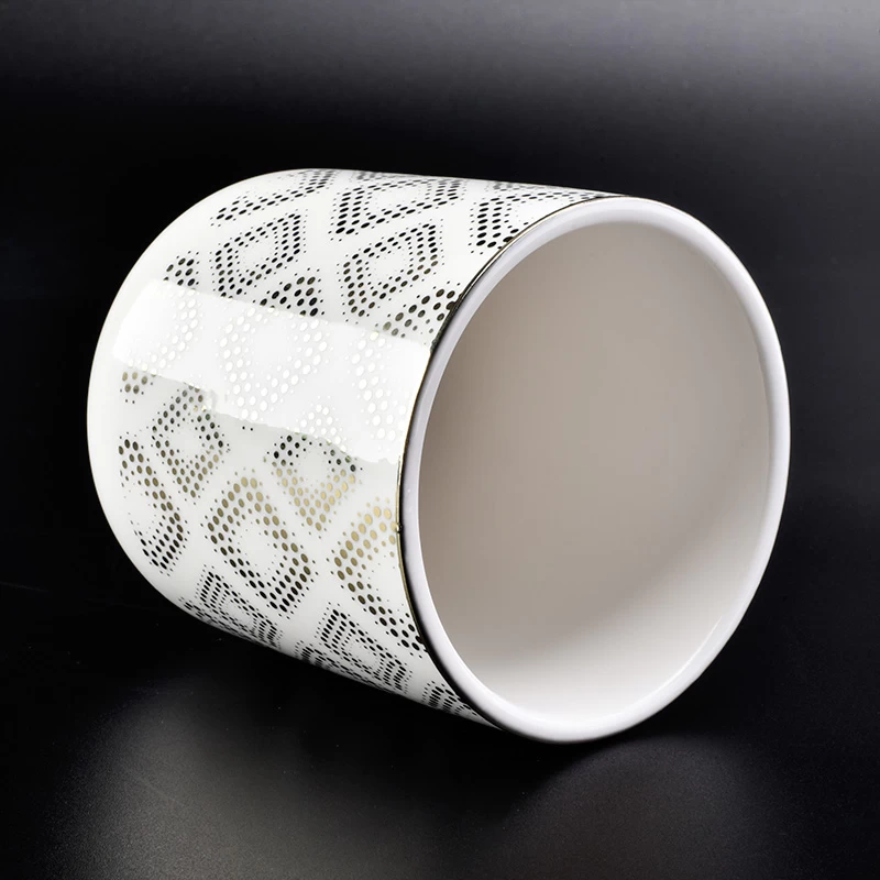 12 oz ceramic candle vessels in white with gold pattern