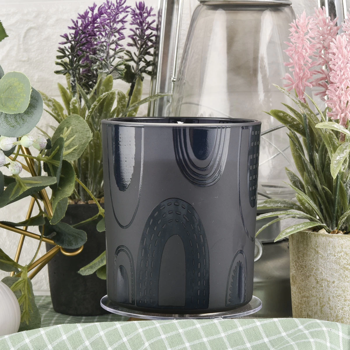 black glass candle jar 12 oz matte surface with glossy pattern