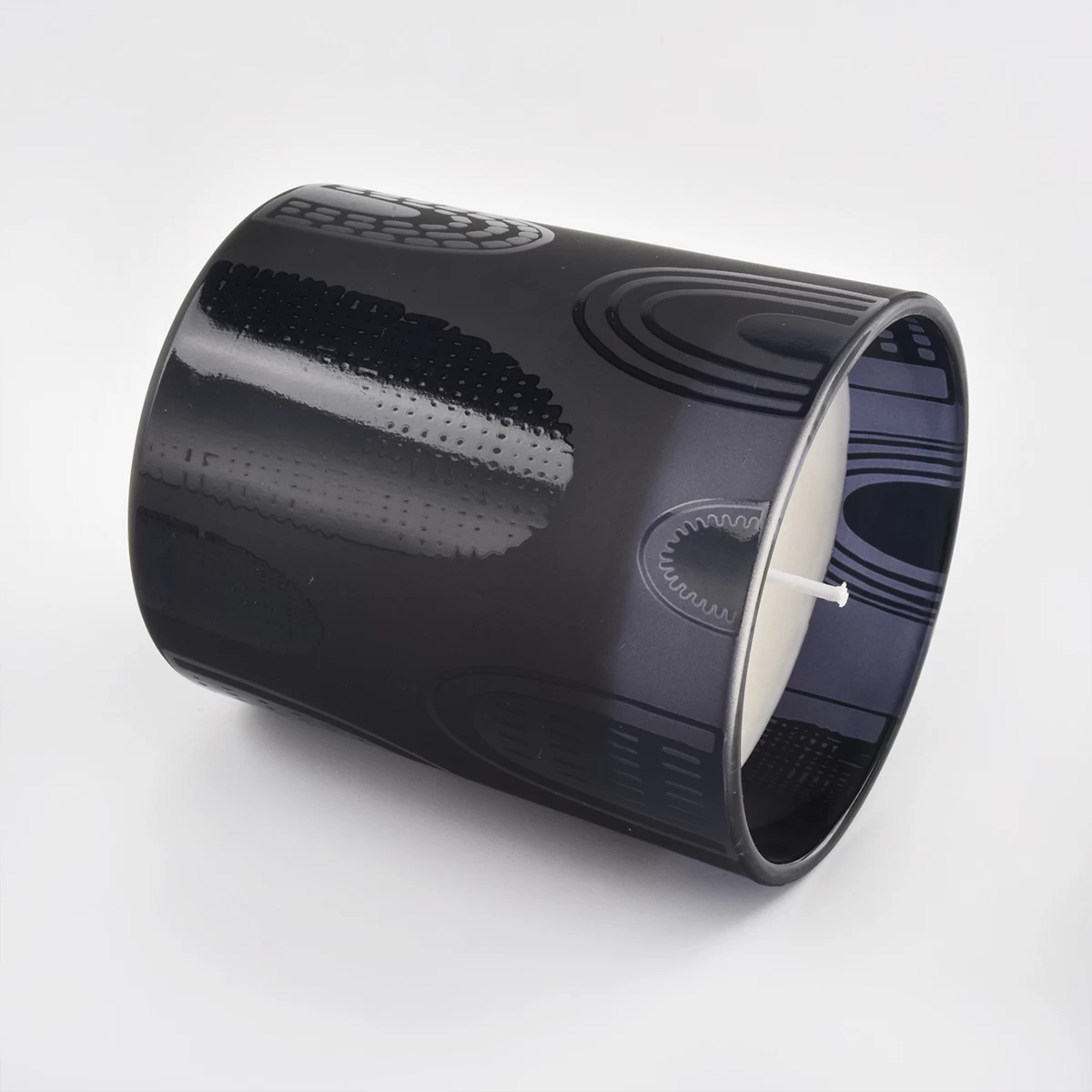 black glass candle jar 12 oz matte surface with glossy pattern