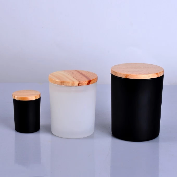 Matte black glass candle jar with wooden lid