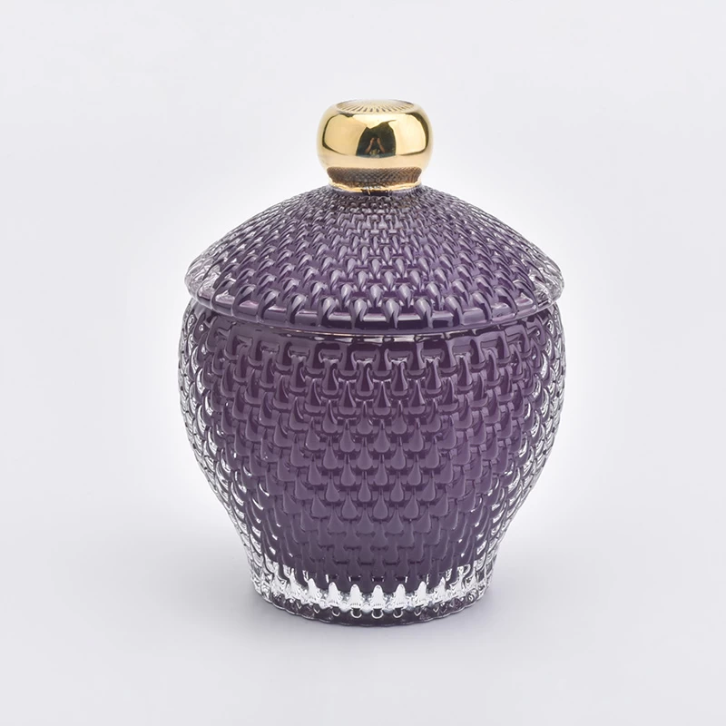 Irregular Shape Glass Candle Holder with lid-Embosed&Purple