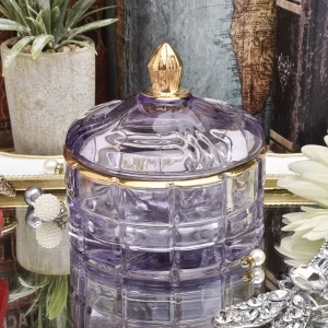 China Luxury 250ml purple with shiny gold deco on glass candle containers with lid manufacturer
