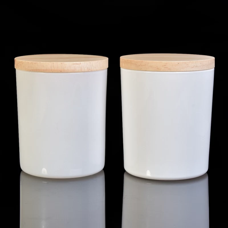 white glass candle holder with wood lid