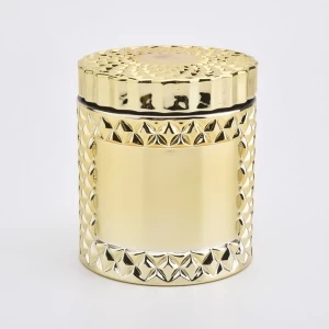Luxury electroplating gold glass candle holder with lid