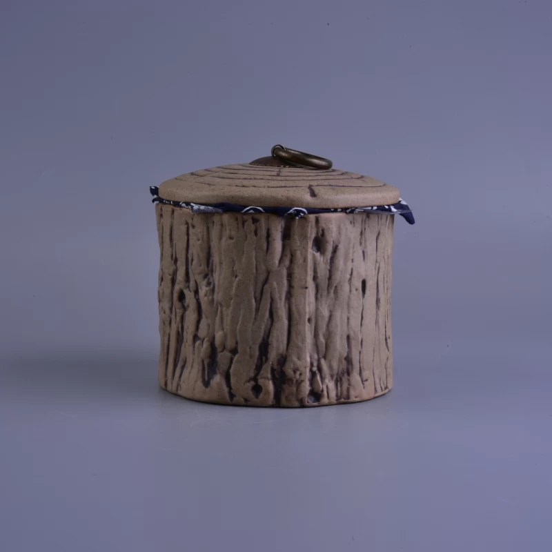 Brown big jar tree shape ceramic candle holder with lid