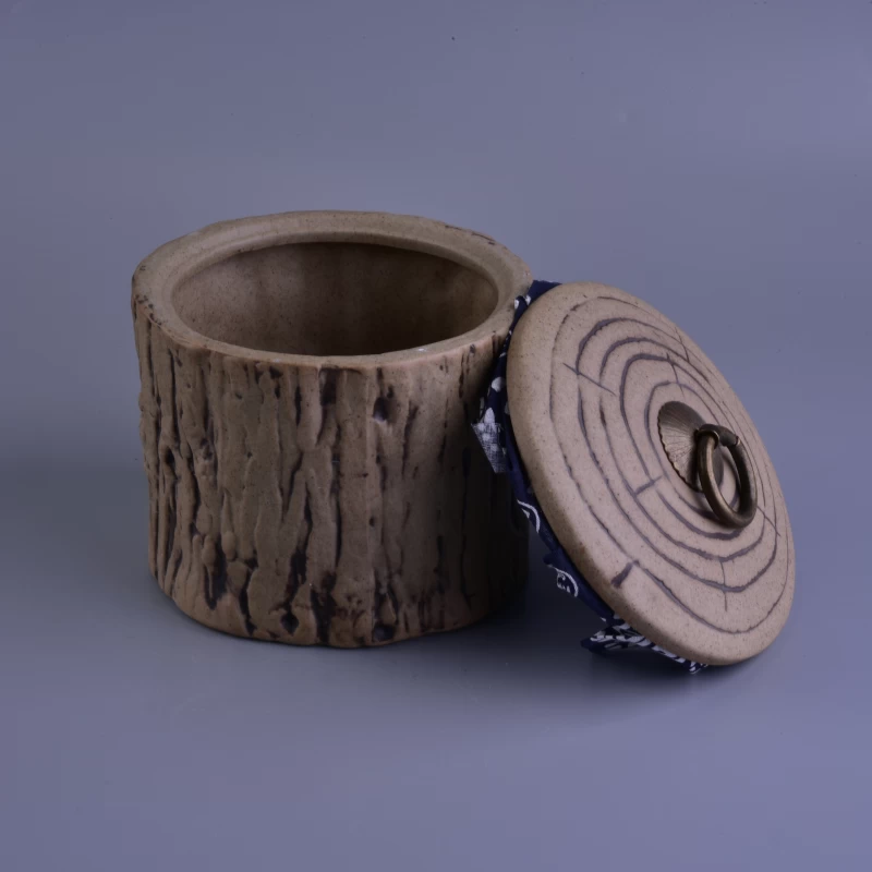 Brown big jar tree shape ceramic candle holder with lid
