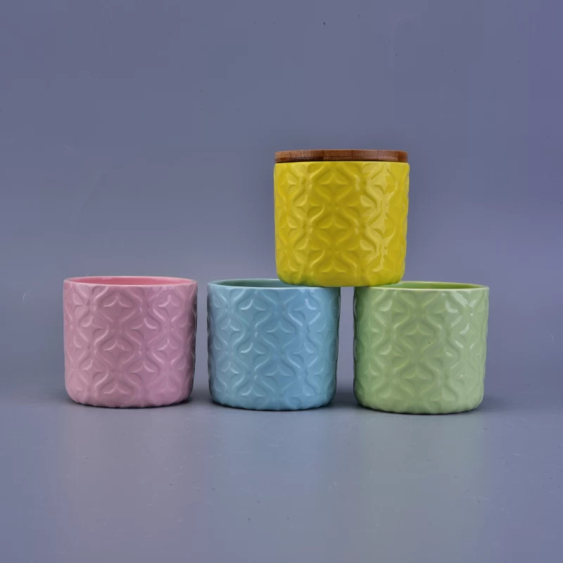 Flower Pattern Debossed Colorful Ceramic Candle Holder With Wooden Lid