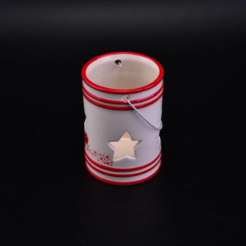 Festival Ceramic Candle Holder with Star Hollow for Christmas Gift