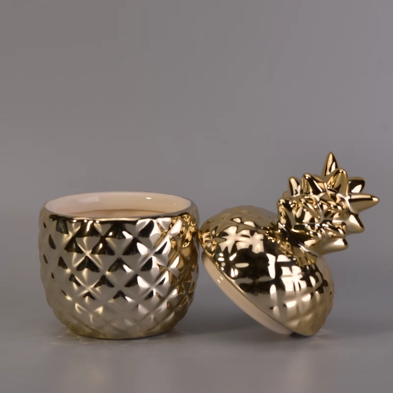 Hot selling newly arrived handmade gold pineapple ceramic candle jar with lids