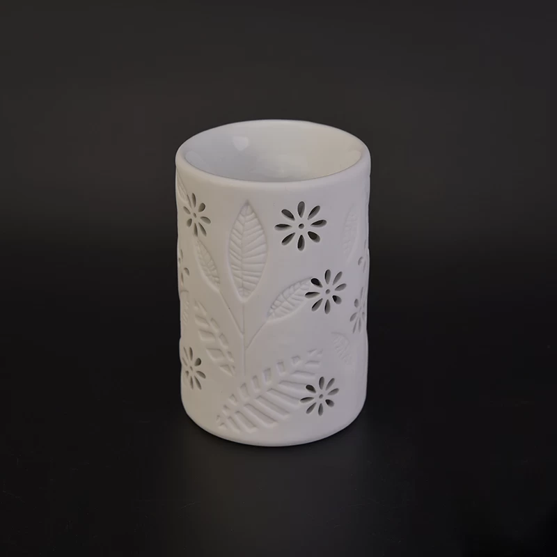 White leaves debossed ceramic candle burner