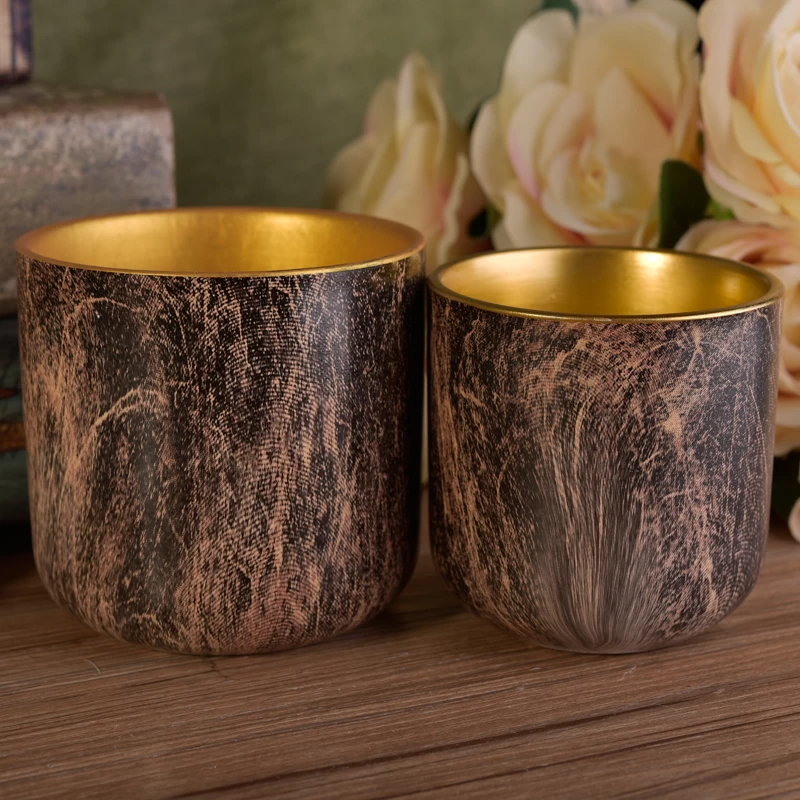 Tree Bark Pattern Ceramic Candle Vessel With Gold Electroplated Inside