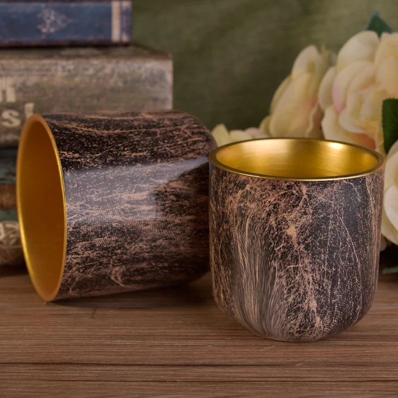 Tree Bark Pattern Ceramic Candle Vessel With Gold Electroplated Inside
