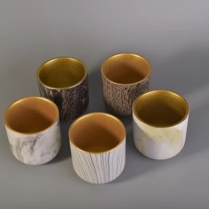 Keramikkerzengefäß mit Baumrindenmuster mit innen galvanisiertem Gold