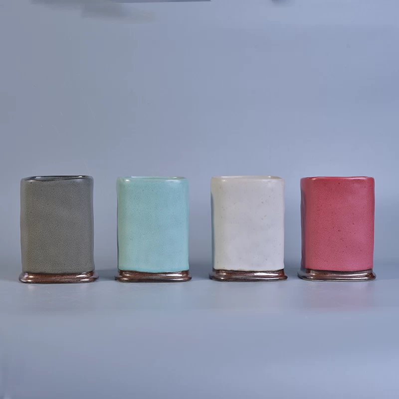 Square Cylinder Pink Glazed Ceramic Candle Holders For Decoration