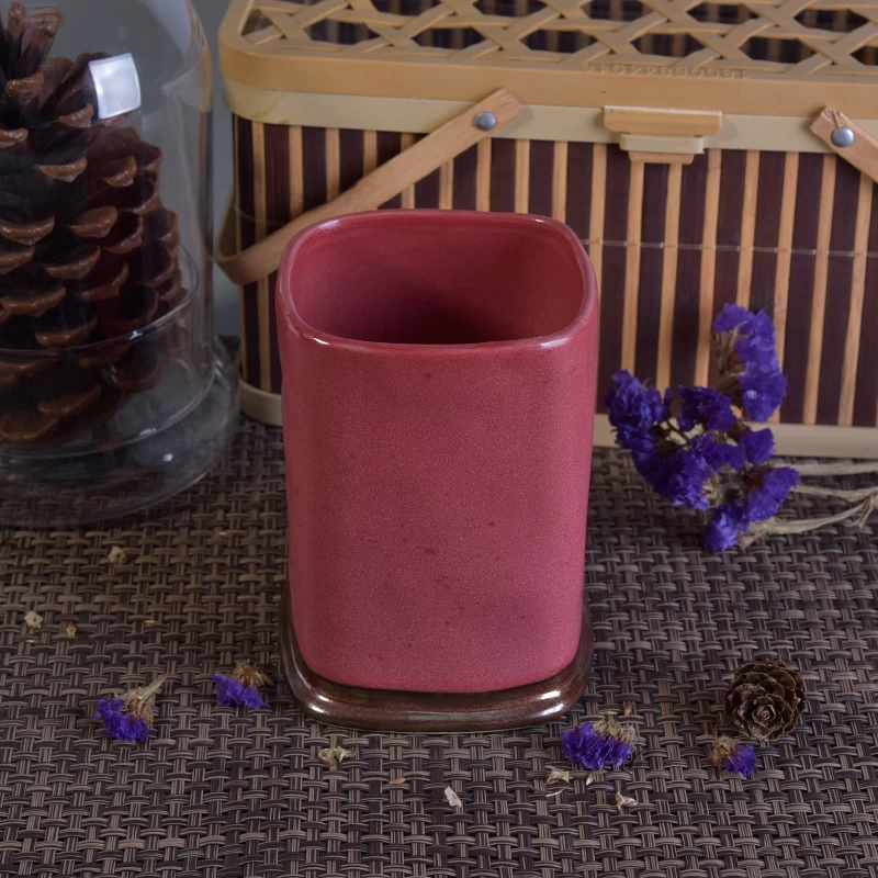 Square Cylinder Pink Glazed Ceramic Candle Holders For Decoration