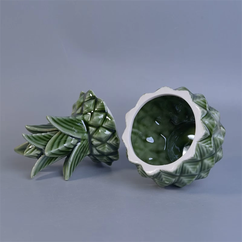 370ml Green Glazed Pineapple Ceramic Candle Holders Sets with Lids