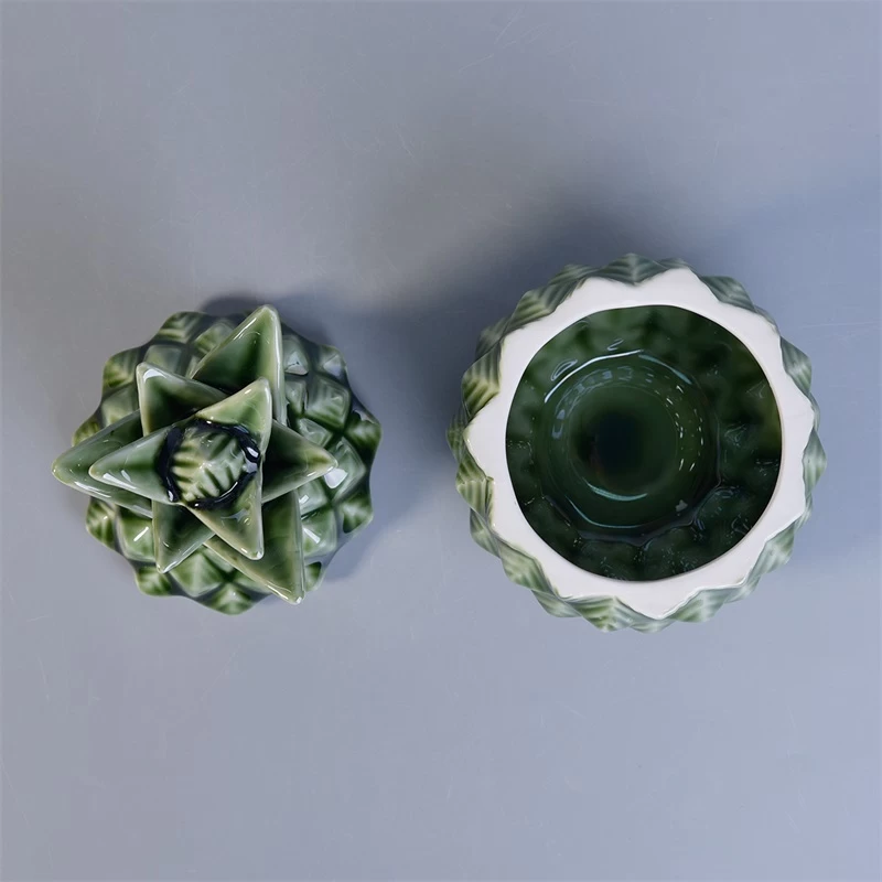 370ml Green Glazed Pineapple Ceramic Candle Holders Sets with Lids