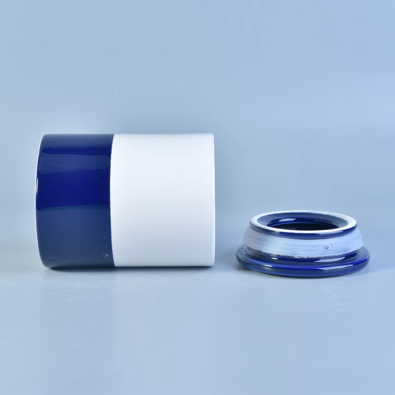 Dolomite white and blue ceramic jar wtih lid