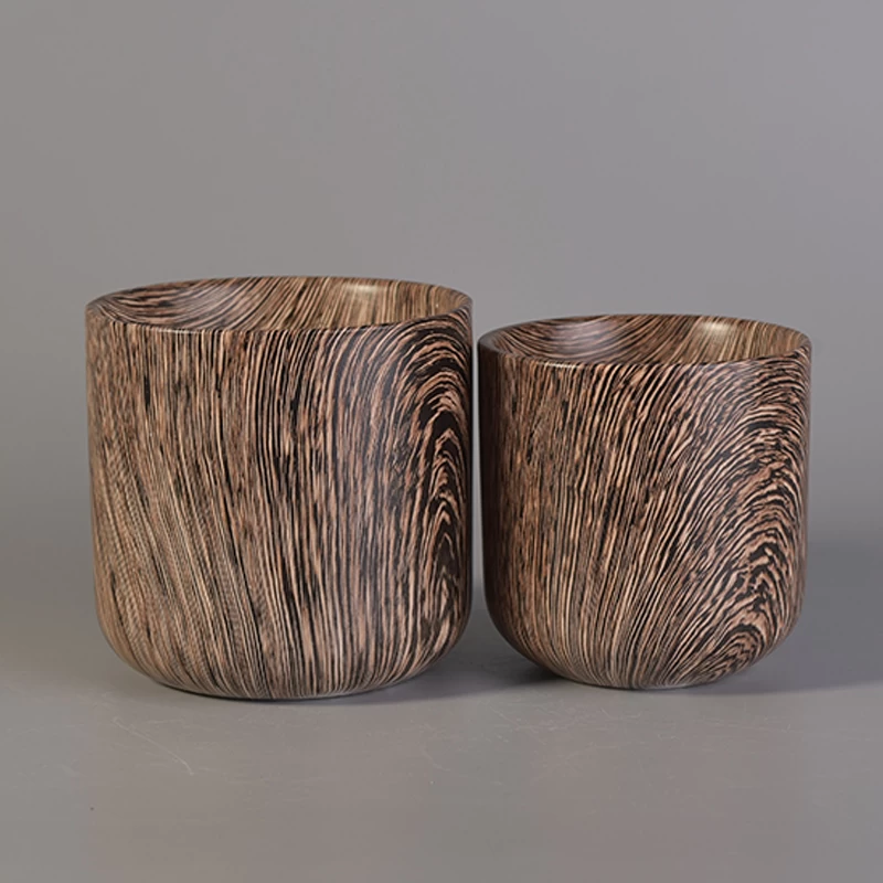 Novel wood grain printed ceramic candle vessel,ceramic candle vessel 