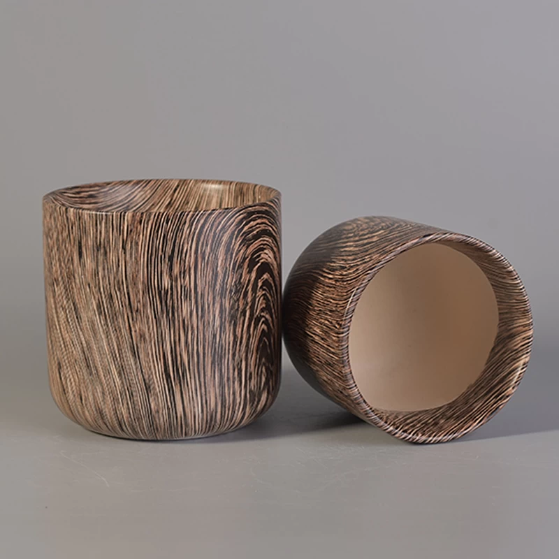 Novel wood grain printed ceramic candle vessel