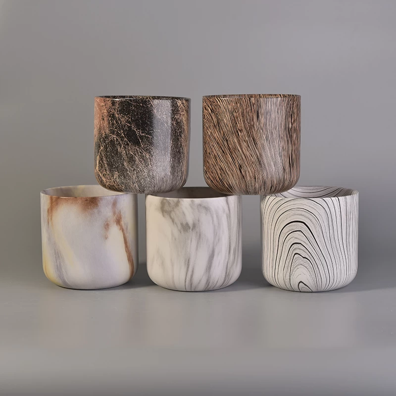 Novel wood grain printed ceramic candle vessel