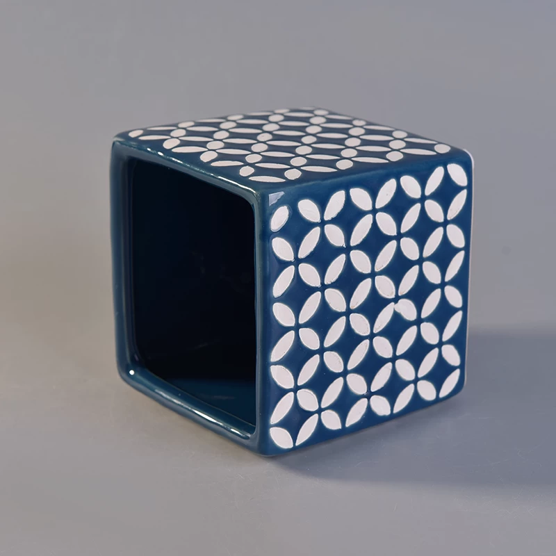 Classical Square Blue Ceramic Candle Holders with Custom Printing